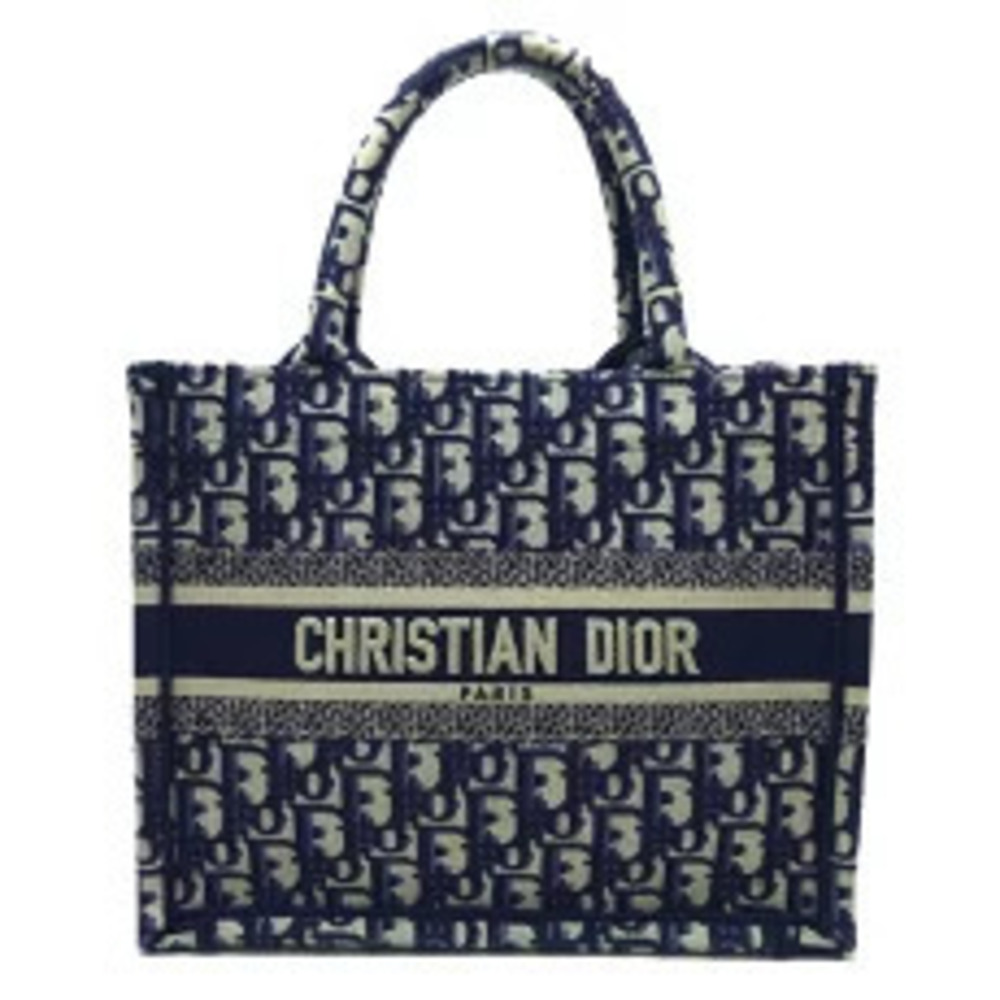Christian Dior Book Tote Shoulder Bag Canvas Navy Blue Oblique